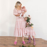 Mommy And Me Puff Sleeve Floral Pattern Family Matching Dress