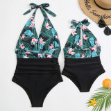 Mommy and Me Floral Pattern Halter Lacing One Piece Matching Swimsuit