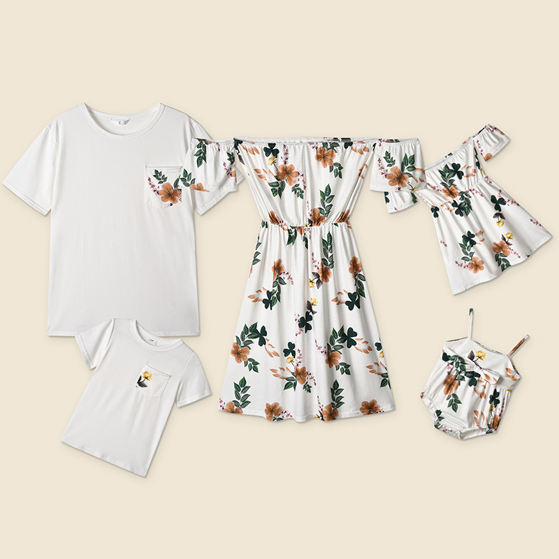 Family Matching Floral Pattern Off Shoulder Dresses and T-shirts Sets