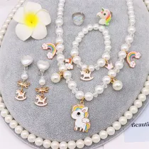 6PCS Unicorn Jewelry Sets Children Pearl Necklace Bracelet Ring Ear Clips Set For Girls Gift