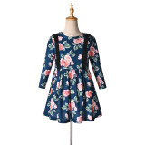 Family Matching Floral Pattern Blue Dress And Black T-shirts Sets