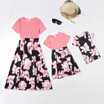 Mommy And Me Short Sleeve Splicing Floral Matching Dresses