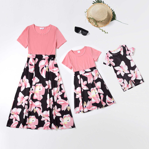 Mommy And Me Short Sleeve Splicing Floral Matching Dresses