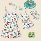 Mommy And Me Dinosaur Pattern Sling Jumpsuits Shorts Family Matching Rompers