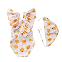 Baby Toddler Girl Fruits Ruffles Cross Back Swimsuit With Swimming Cap