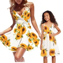 Mommy And Me Sunflower Pattern Floral Sling Matching Dresses