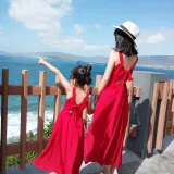 Mommy And Me Red Wine Bow Tie Sling Family Matching Dress