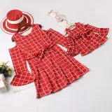 Mommy And Me Long Sleeve Off Shoulder Plaid Matching Dresses