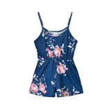 Mommy And Me Navy Floral Pattern Sling Jumpsuits Shorts Family Matching Rompers