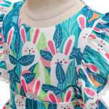 Toddler Girl Happy Easter Rabbits Rufflers Sleeves Green Dress