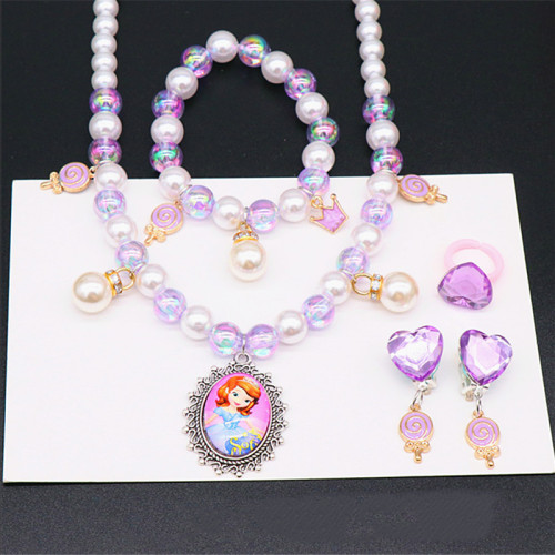 5PCS Sofia Princess Jewelry Sets Children Pearl Necklace Bracelet Ring Ear Clips Set For Girls Gift