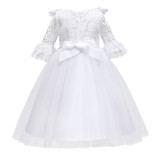 Toddler Girls White Flower Lace Mesh Multi-Layers Gowns Dress