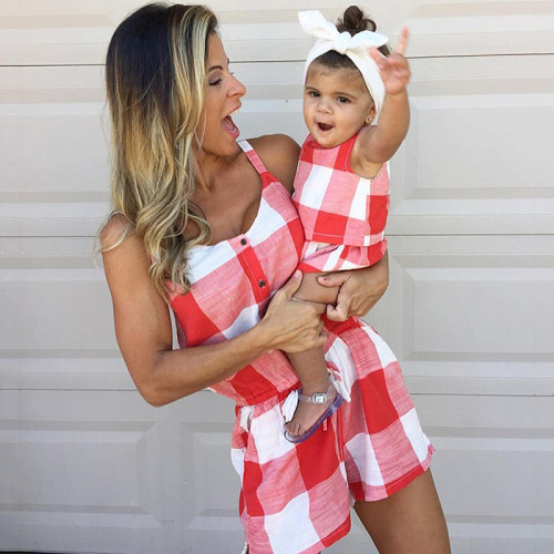 Mommy And Me Lattice Jumpsuits Shorts Family Matching Rompers