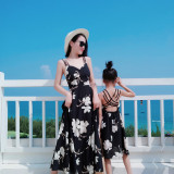 Mommy And Me Black Floral Pattern Sling Family Matching Dress