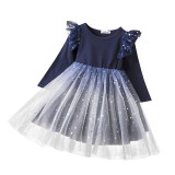 Toddler Girls Starry Sky Long Sleeve Mesh Flower Lace Mesh Multi-Layers Dress