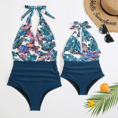 Mommy and Me Floral Pattern Halter Lacing One Piece Matching Swimsuit