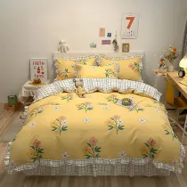 Girls 4PCS Set Multicolor Flower Pattern Printed Lace Dust Ruffle Bedding