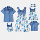 Family Matching Floral Pattern Blue Sling Dresses and Shirts Sets