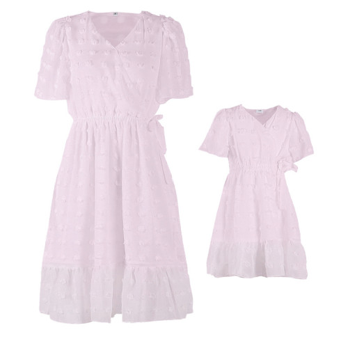 Mommy And Me Pure Color Floral Short Sleeve Matching Dresses