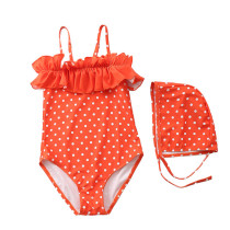 Toddler Girl Dots Ruffels Slip One-Piece Swimsuit With Swimming Cap