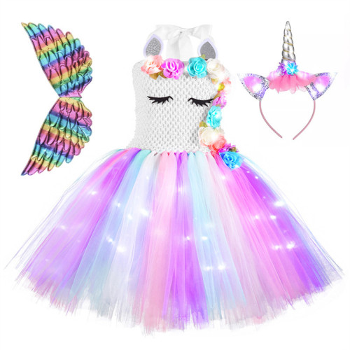 Rainbow Light Up Unicorn Sequins Tutu Dress With Unicorn Hairband Rainbow Angel Wings