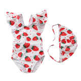 Baby Toddler Girl Fruits Ruffles Cross Back Swimsuit With Swimming Cap