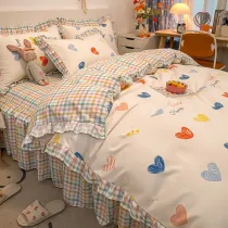 Girls 4PCS Set Heart Pattern Printed Lace Dust Ruffle Bedding