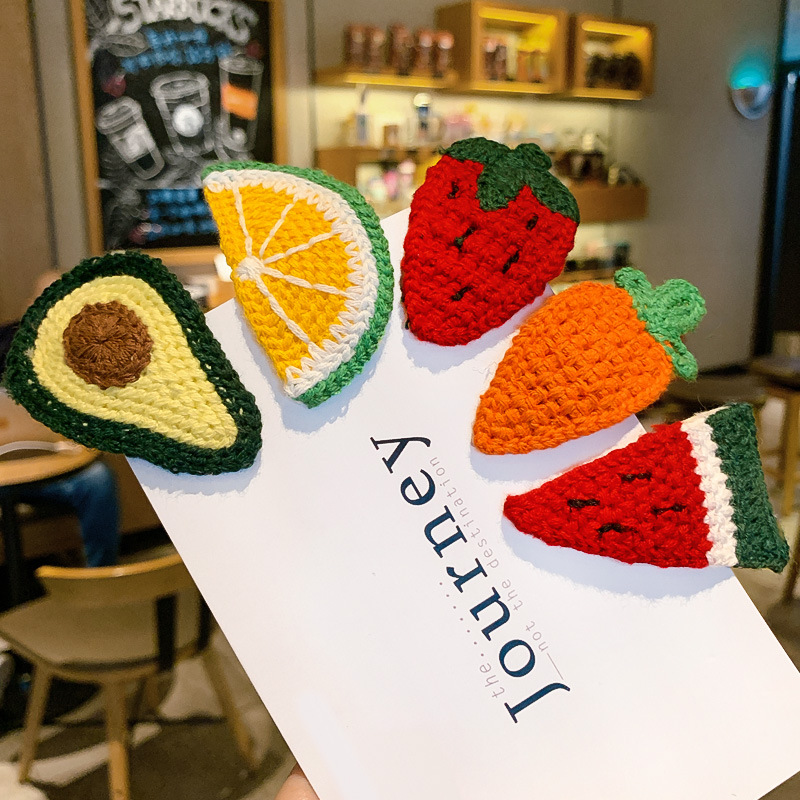 5PCS Handmade Crocheted Hair Clip Cartoon Fruit Pattern Avocado Strawberry Hair Accessories for Girls Gift