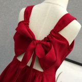 Mommy And Me Red Wine Bow Tie Sling Family Matching Dress