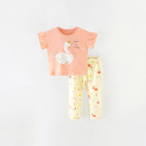 Toddler Kids Girl Pink Swan Ruffles Sleeves Pajamas Sleepwear Set Cotton Pjs