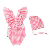 Baby Toddler Girl Grids Ruffles One-Piece Plaids Swimsuit With Swimming Cap
