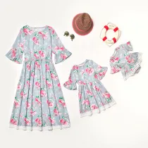 Mommy And Me Ruffles Sleeve Floral Pattern Matching Dresses