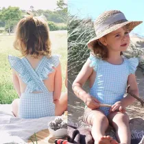 Baby Toddler Girl Grids Ruffles One-Piece Plaids Swimsuit With Swimming Cap