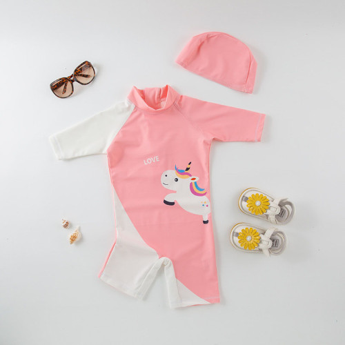 Toddler Girl 3D Pony Long Sleeve One Piece Swimsuit With Swimming Cap