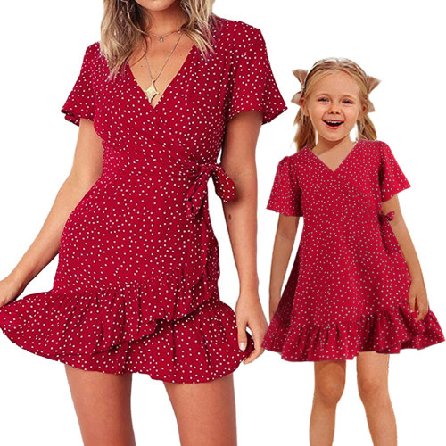 Mommy And Me Red Polka Dots Short Sleeve Matching Dresses