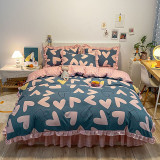 Girls 4PCS Set Heart Pattern Printed Lace Dust Ruffle Bedding