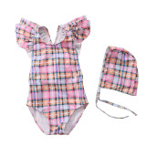 Baby Toddler Girl Grids Ruffles One-Piece Plaids Swimsuit With Swimming Cap