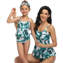 Mommy and Me Floral Pattern Green Bikini Matching Swimwear