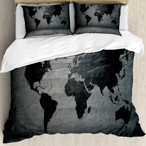 Duvet Cover Set Black World Map on Concrete Wall Printed Bedding Set