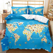 3PCS Duvet Cover Set Multicolor Animals World Map Printed Bedding Set