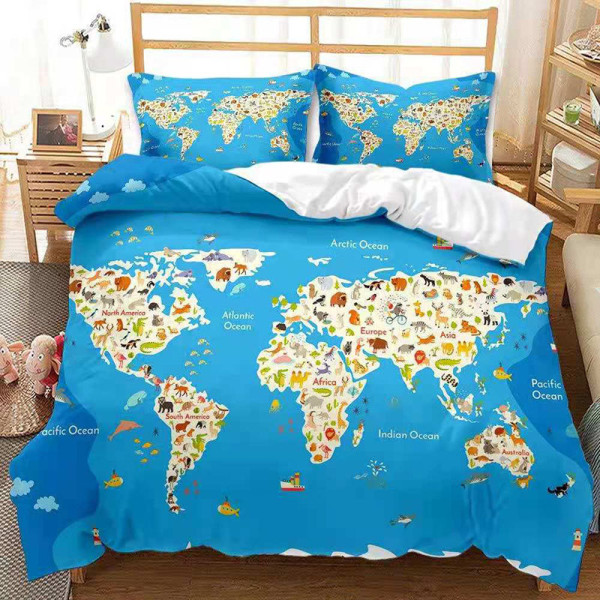 3PCS Duvet Cover Set Multicolor Animals World Map Printed Bedding Set