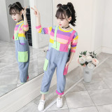 Girls Fashion 2 PCS Overalls Set With Long Sleeve Tops