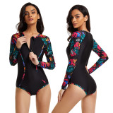 Women Printed Color Matching Leaves Long Sleeve Surfing Suit Sexy One-piece Swimsuit