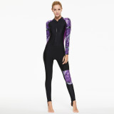 Women Black Printed Zipper Long Sleeve Diving Suit Swimsuit