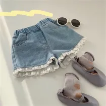 Toddler Girls Light Blue Lace Denim Shorts