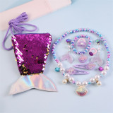 Mermaid Princess Hair Accessories Set Necklace Earring For Girls Gift With Sequins Bag