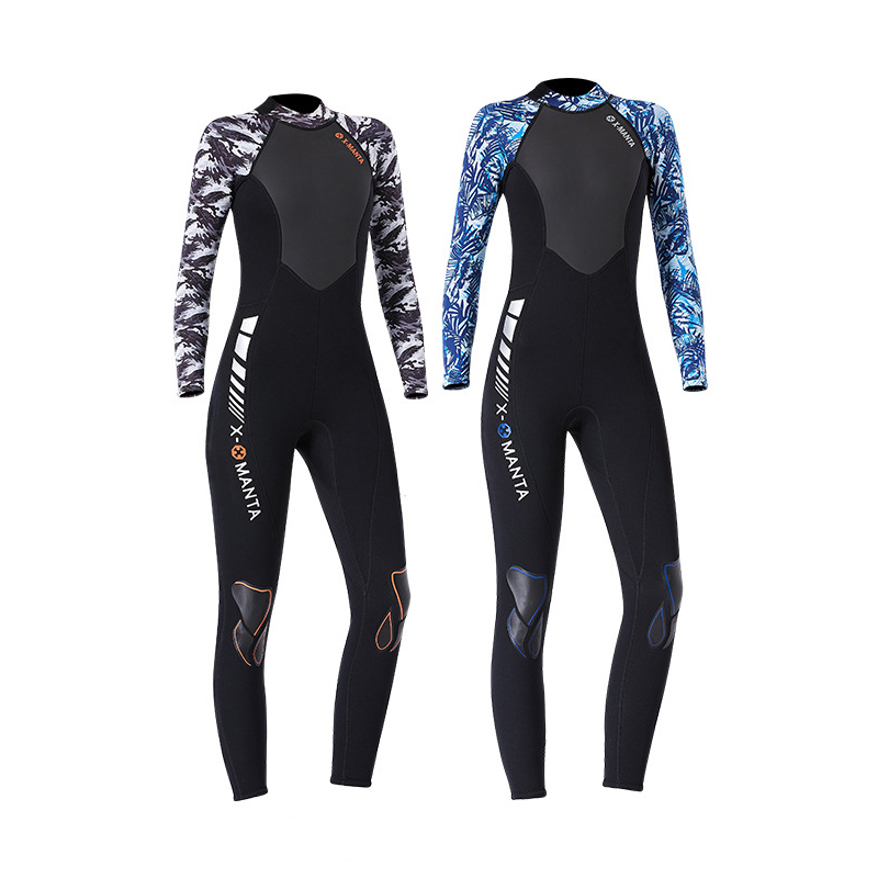 Women Printed Splicing Long Sleeve Thickening Diving Suit Swimsuit