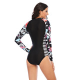 Women Black Stripe Printed Long Sleeve Surfing Suit Sexy One-piece Swimsuit