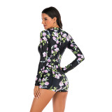 Women Printed Cross Over Flat Angle Long Sleeve Surfing Suit Sexy One-piece Swimsuit