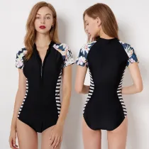 Women Printing Stripe Short Sleeve Surfing Suit Sexy One-piece Swimsuit